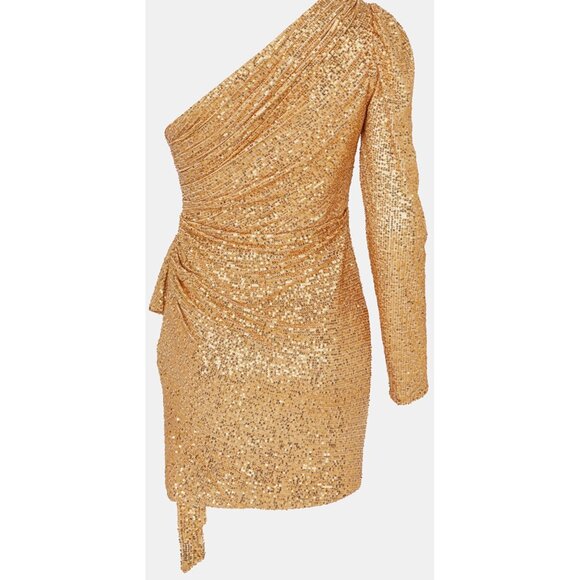Mac Duggal Gold Sequined One Shoulder Draped Side Bow Mini Dress Size 2 - Picture 12 of 16